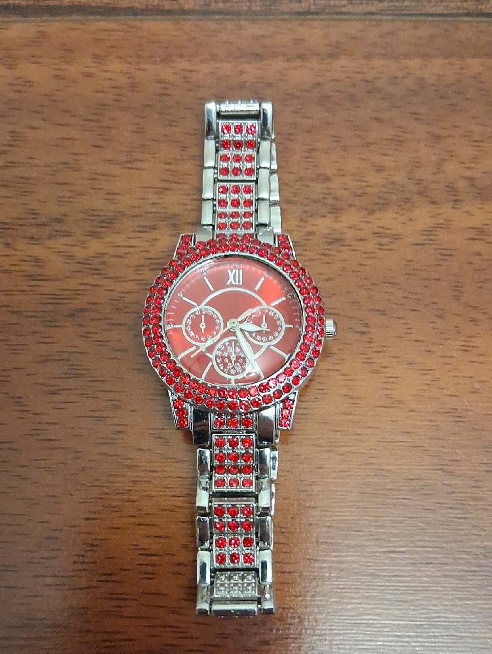 Women's Red Crystal Accent Silver-Tone Bracelet Watch
